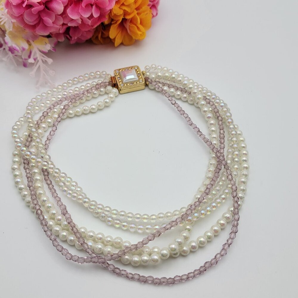 Vintage Faux Pearl Necklace White And Pink Multi Strand Gold Tone Box Clasp 17"
